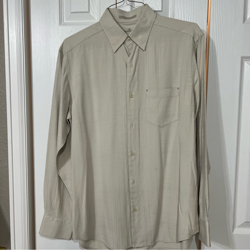 Tommy Bahama Silk Men S Beige Button-Up Shirt Waffle Palm Tree